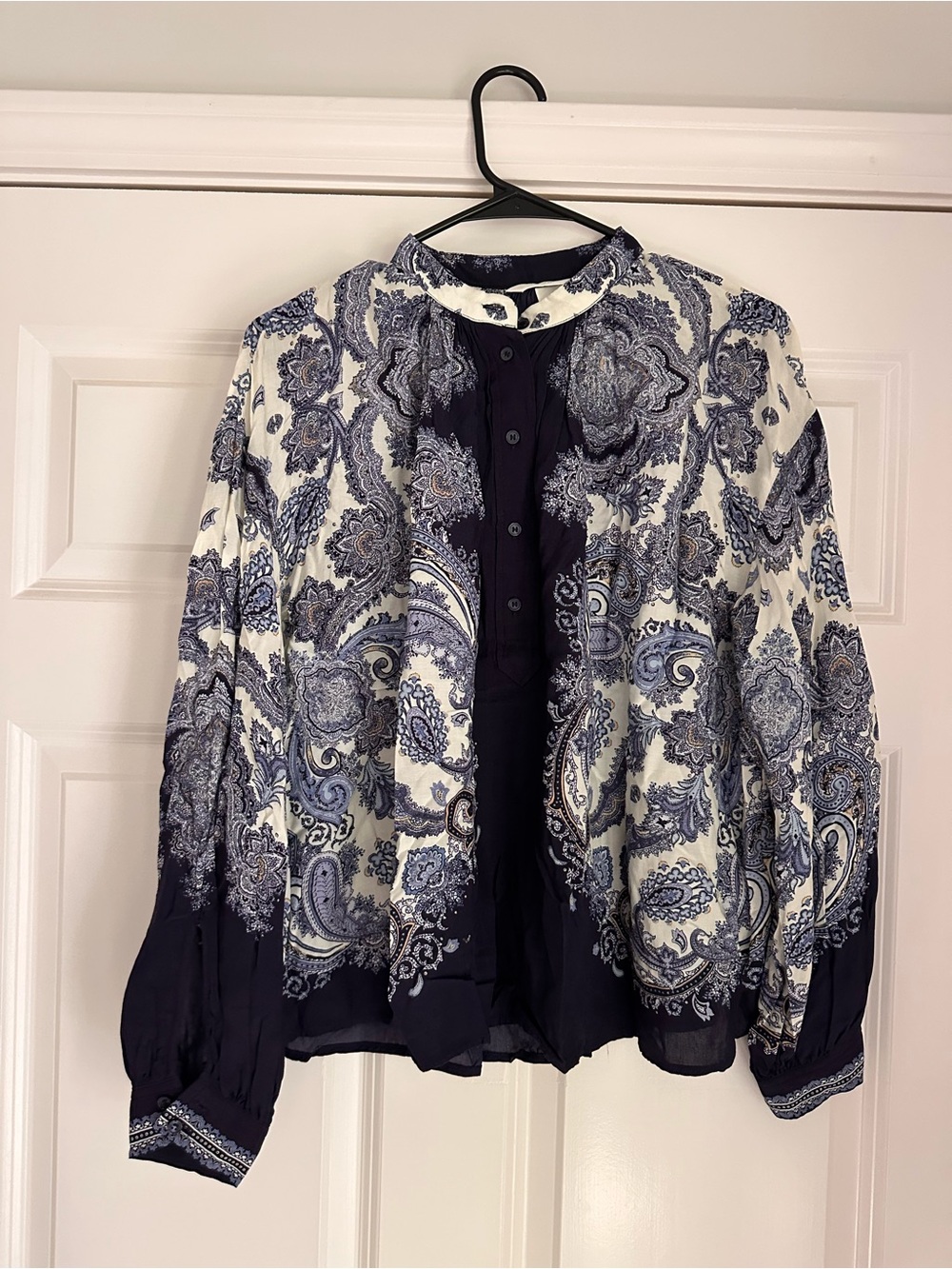 H&M Navy and Cream Paisley Button-Front Blouse